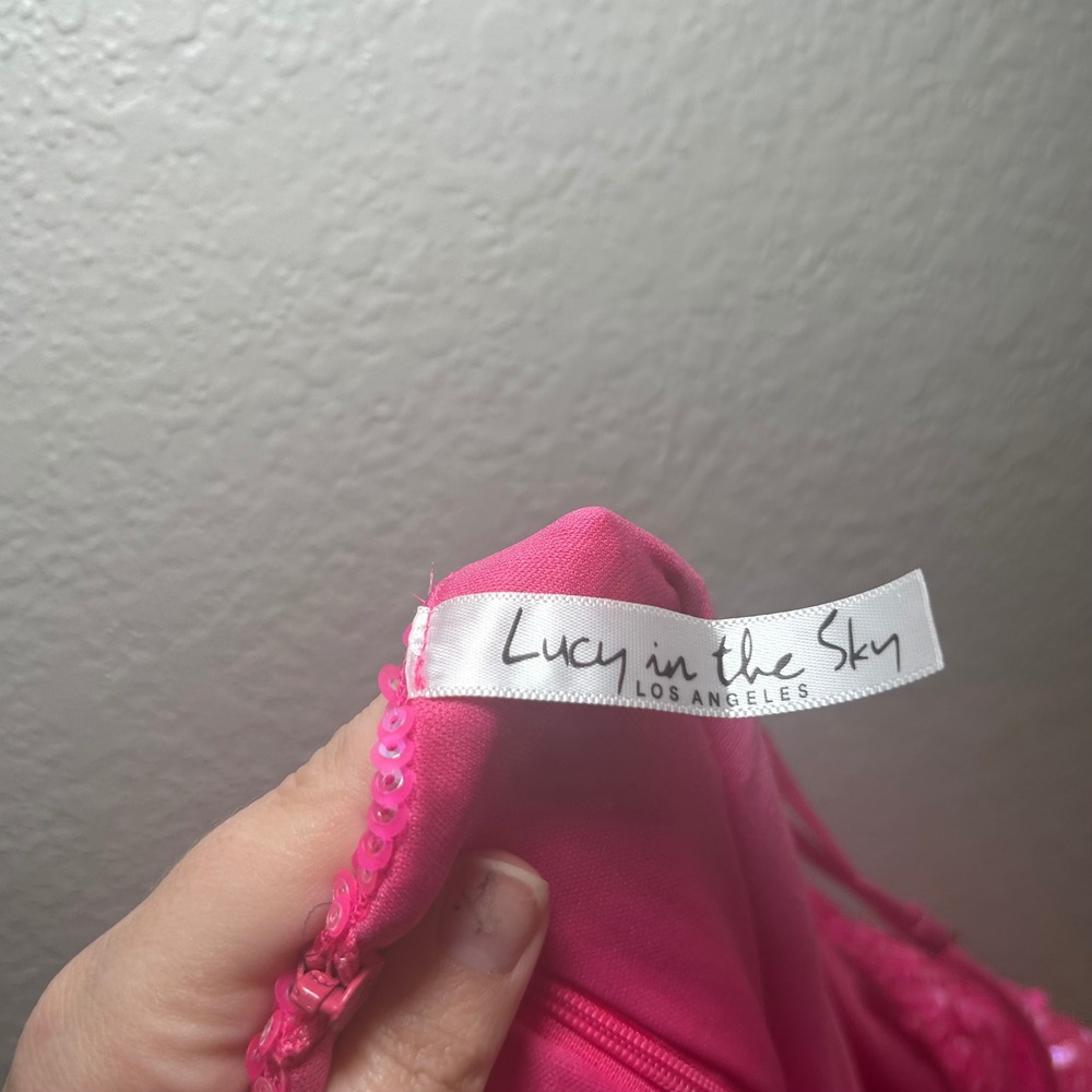 Lucy in the Sky Hot Pink Sequin V-Neck Mini Dress Neon Bodycon Party Size M - Picture 6 of 7